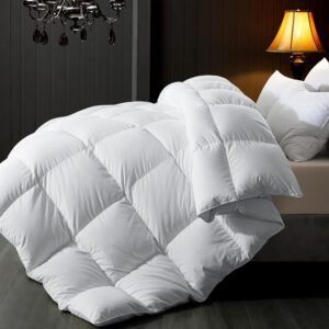Feather Comforter Queen Size, Filled with Feather and Downfiber, All Season White Luxury Hotel Fluffy Bed Comforter, Ultra Soft 100% Cotton Duvet Insert, 90x90 Inch