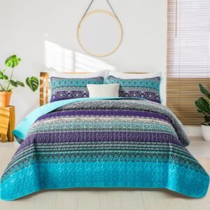 Boho Quilt King Size, Blue Purple Bohemian King Quilt, Lightweight Microfiber Bed Decor Bedspread for All Season 103"x90"(3 Pieces)