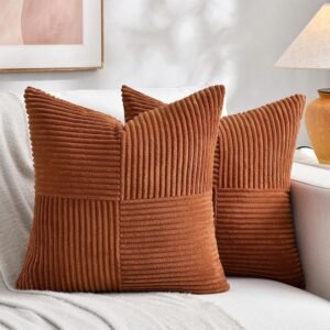 2 Packs Rust Boho Decorative Throw Pillow Covers 18x18 Inch for Couch Bed Sofa, Farmhouse Fall Home Decor, Soft Corss Corduroy Patchwork Textured Terracotta Accent Cushion Case 45x45 cm