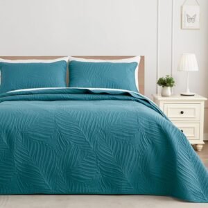 Queen Quilt Bedding Set, Lightweight Teal Quilts Queen Full Size for All Seasons, Soft Microfiber Bedspreads Coverlets Bed Cover with Leaf Pattern, 3 Piece