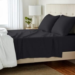 4 Piece Bed Sheet Set, 100% Cotton Jersey, Includes Super Soft, Flat and Fitted Sheets, Pillowcase, Queen, Black, Solid