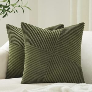 Olive Green Decorative Throw Pillow Covers Set of 2 18x18 Inches for Couch Bed Sofa, Boho Aesthetic Home Decor, Soft Corduroy Striped Patchwork Windmill Textured Cushion Cases 45x45 cm
