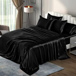 6 Pieces Queen Satin Sheets Luxury Silky Black Satin Bedding Sheet Set, 1 Deep Pocket Fitted Sheet + 1 Flat Sheet + 4 Pillow Cases