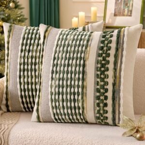 Pack of 2 Boho Decorative Throw Pillow Covers 18x18 Farmhouse Cushion Case Striped Chenille Pillow Cases Square Pillow Covers Accent Neutral Pillowcase for Sofa Couch Bed, Olive Green Stripe