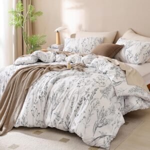 Duvet Cover Queen Size, 3 Pieces Floral Duvet Cover with Black Botanical Patterns Soft Microfiber Bedding Set with Zipper Closure 4 Ties (2 Pillow Cases)-White