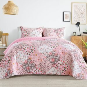 Reversible Patchwork Quilts King Size, Lightweight Boho Printed Bedspreads Coverlets Quilt Bedding Set with 2 Pillow Shams for All Seasons, Pink